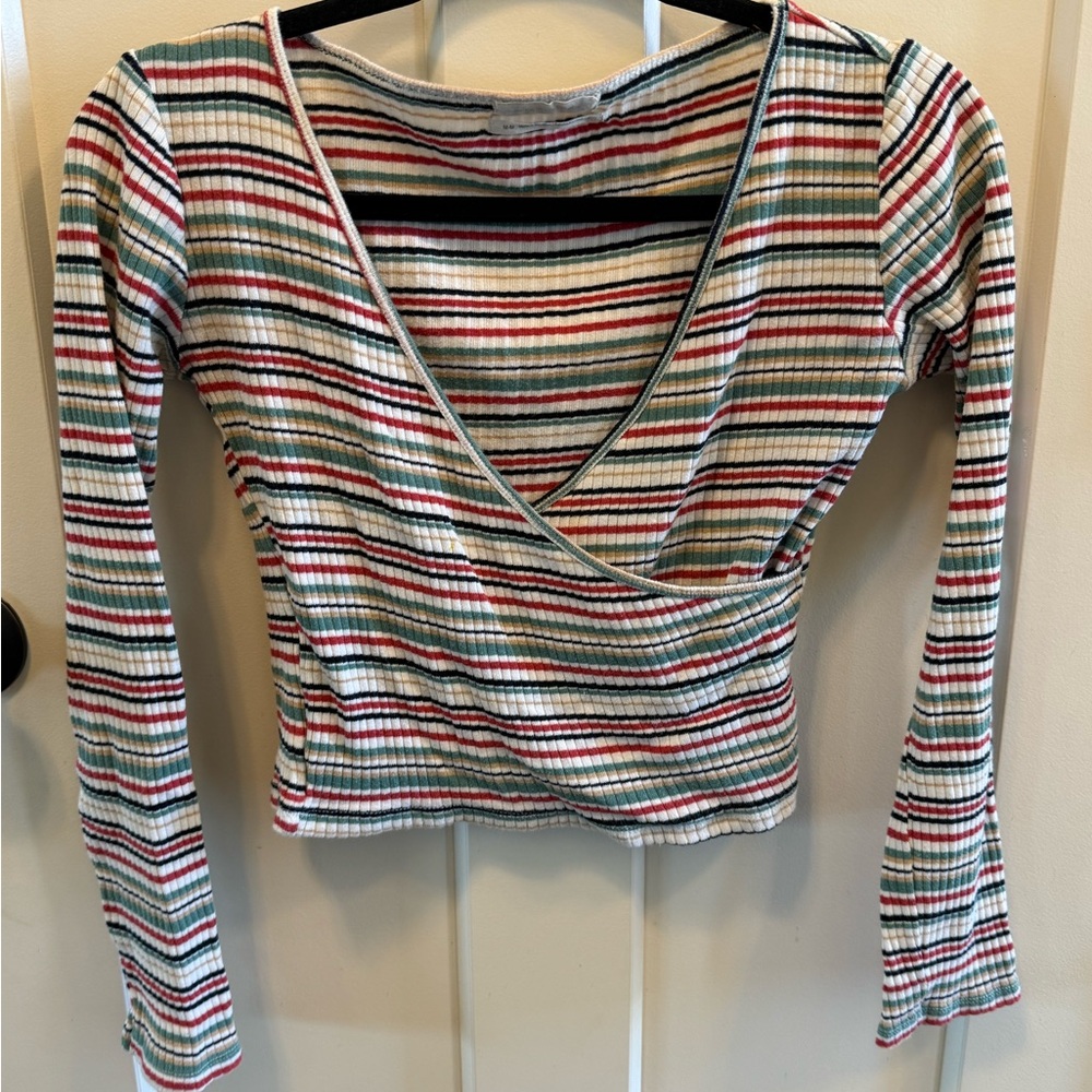 Urban Outfitters Striped Ribbed Wrap-Front Long Sleeve Top Y2K